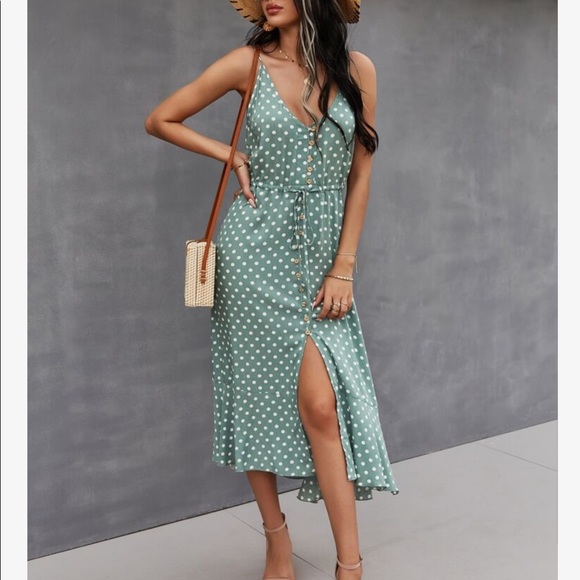 Boho Button Up V Neck Tie Polka Dot Dress GREEN - Picture 4 of 13